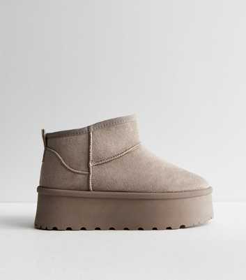 Truffle Grey Suedette Flatform Slipper Boots