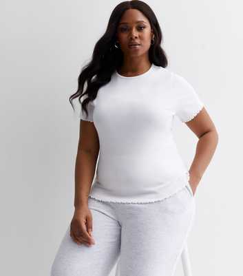 Curves White Ribbed Frill T-Shirt