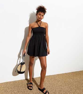 Black Shirred Halterneck Mini Dress