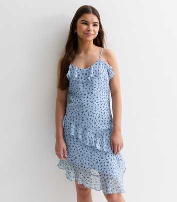 Girls Blue Ditsy Print Ruffle Asymmetric Mini Dress