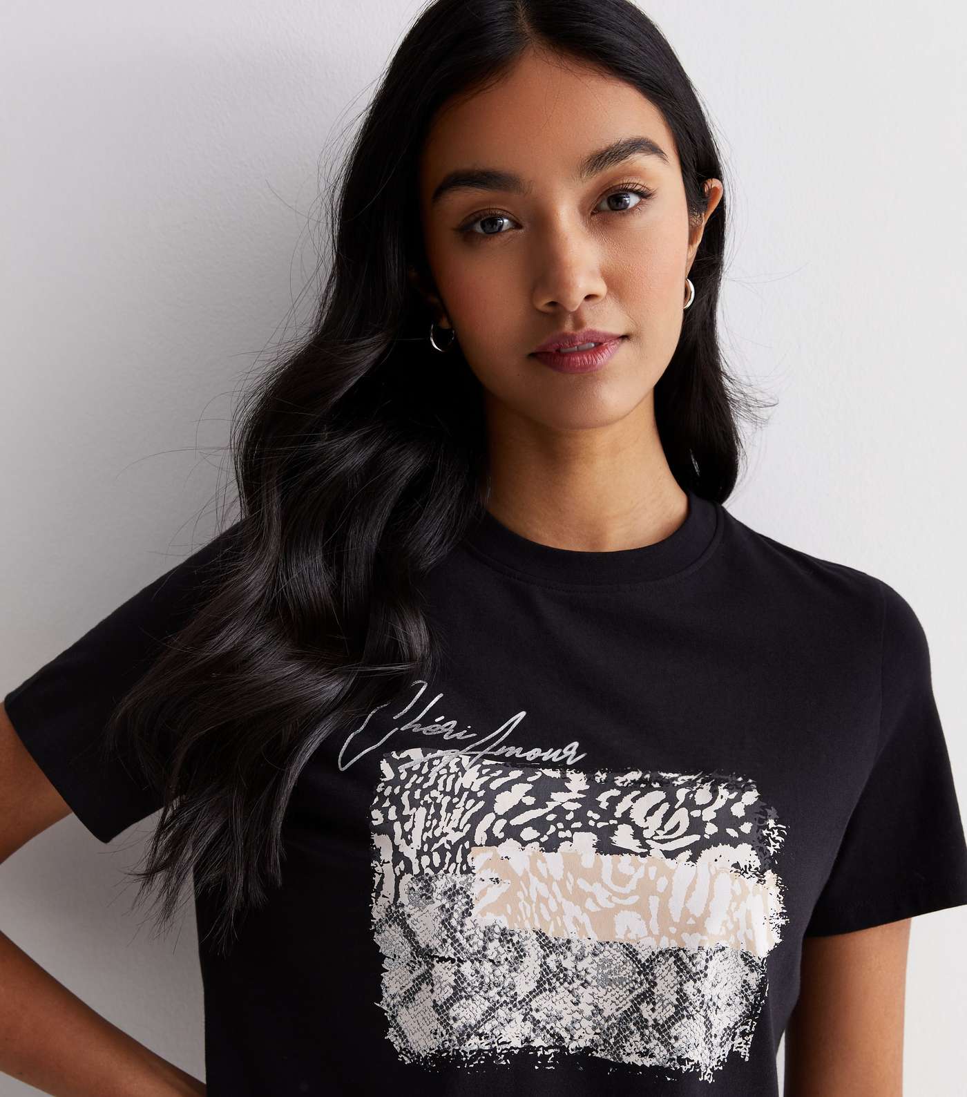 Black Cotton Foil Animal Print Logo T-Shirt