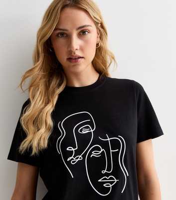 Black Foil Sketch Face Print Cotton T-Shirt
