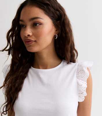 Petite White Cotton Broderie Frill Sleeve Top