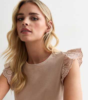 Petite Light Brown Cotton Broderie Frill Sleeve Top