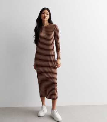 Brown Stripe Long Sleeve Midi Dress