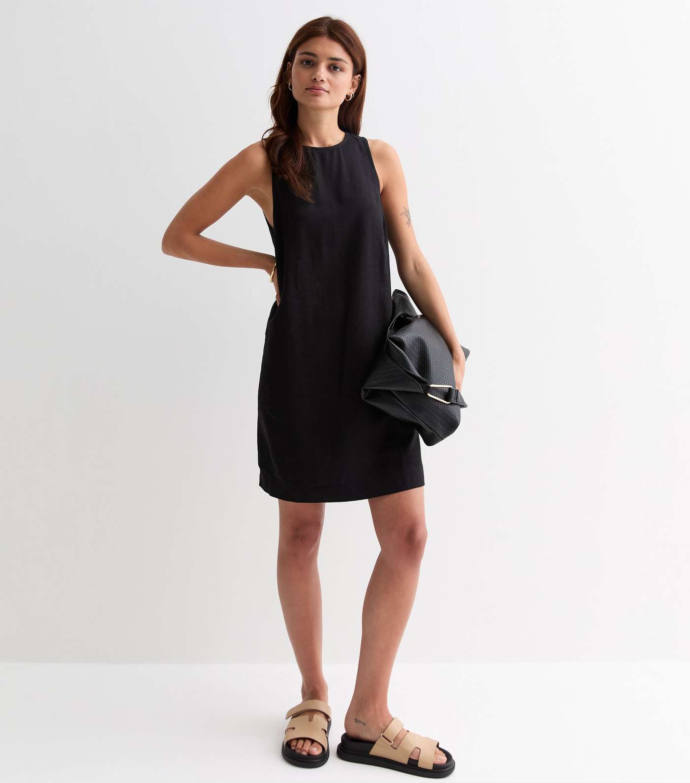 Black Linen Blend Sleeveless Mini Dress Image 3