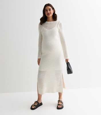 Maternity Cream Pointelle Stitch Knit Long Sleeve Maxi Dress