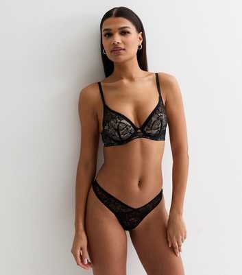 Black Butterfly Lace V Front Thong
