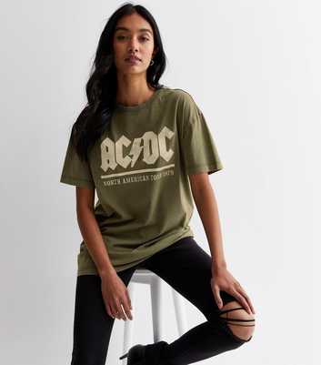 Khaki Acid Wash Cotton ACDC Oversized Logo T-Shirt