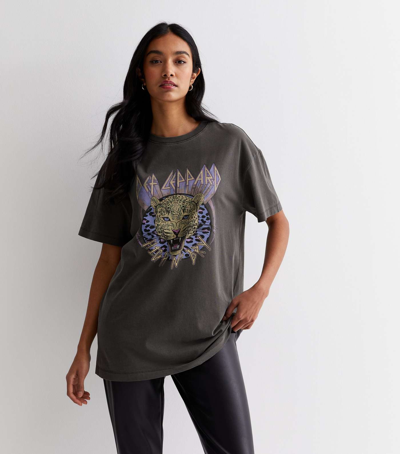 Dark Grey Acid Wash Cotton Def Leppard Oversized Logo T-Shirt Image 3