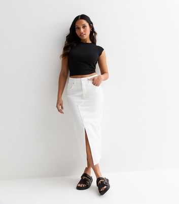 Petite White Denim High Waist Split Hem Midi Skirt