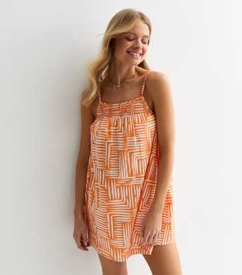 Orange Abstract Print Cotton Mini Smock Beach Dress