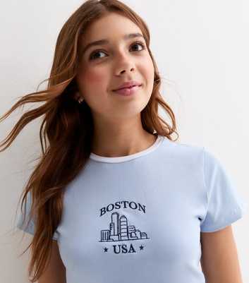Girls Pale Blue Boston Logo Ringer T-Shirt