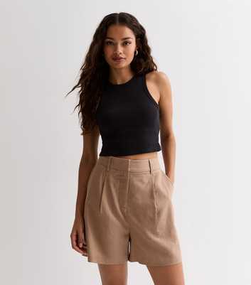 Petite Light Brown Linen Blend Tailored Shorts