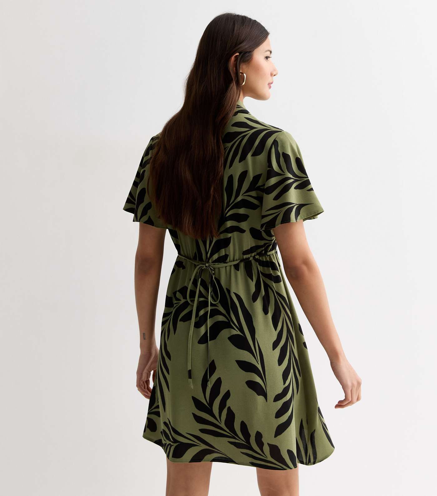 Green Leaf Print Button Through Mini Shirt Dress Image 4
