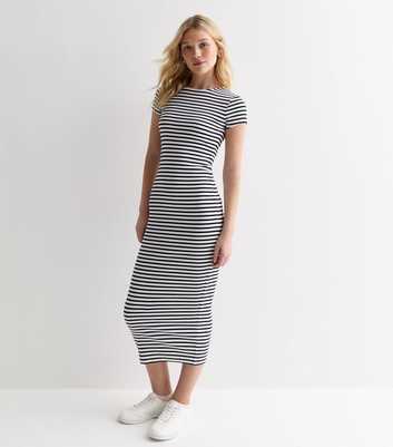White Stripe Ribbed Short Sleeve Midi Dress