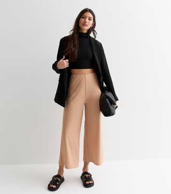 Stone Ribbed Jersey Crop Wide Leg Trousers