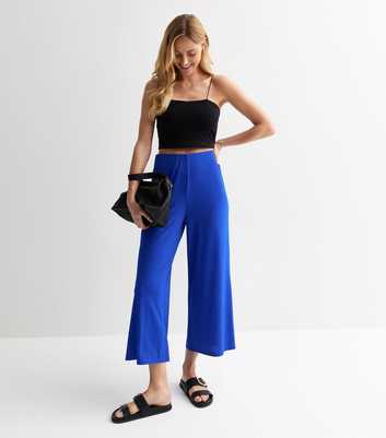 Bright Blue Ribbed Jersey Crop Wide Leg Trousers
