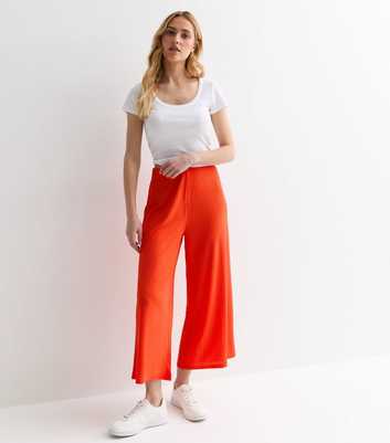 Red Ribbed Jersey Crop Wide Leg Trousers