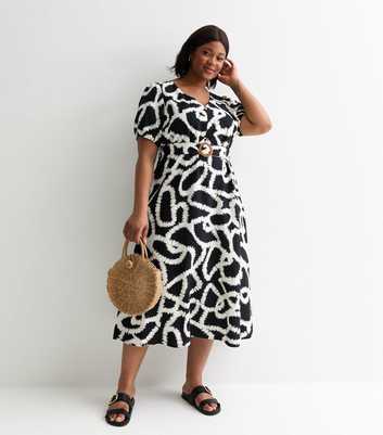 Curves Black Abstract Print Belted Midi Dress