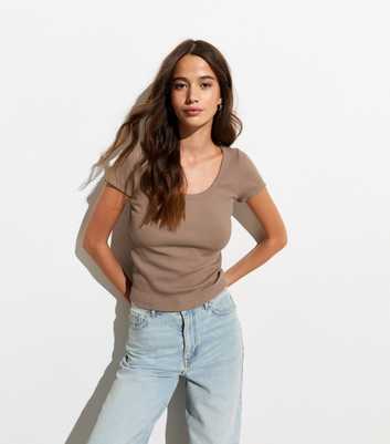 Rust Ribbed Scoop Neck T-Shirt