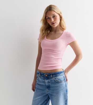 Pale Pink Ribbed Scoop Neck T-Shirt