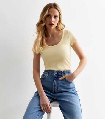 Pale Yellow Ribbed Scoop Neck T-Shirt