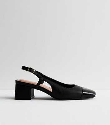 Black Leather-Look Slingback Block Heel Court Shoes