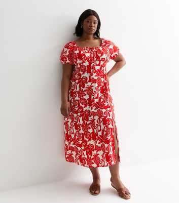 Curve Red Pineapple Print Midi Milkmaid Dress
