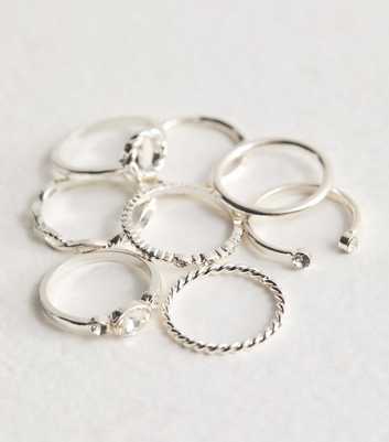 8 Pack Silver Diamanté Twist Rings
