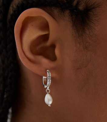 Real Silver Plate Faux Pearl Diamanté Hoop Earrings