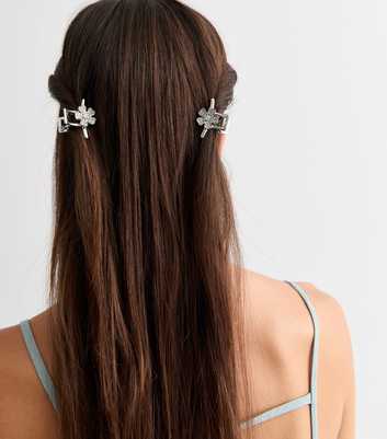 2 Pack Silver Diamanté Flower Mini Hair Claw Clips