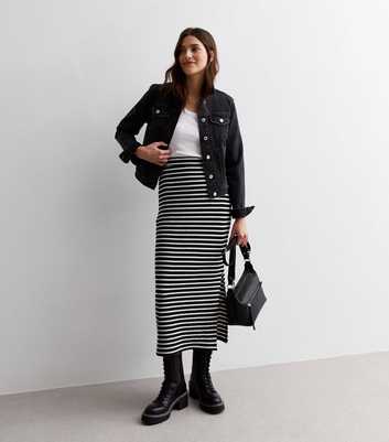 Black Stripe Textured Split Hem Midi Skirt