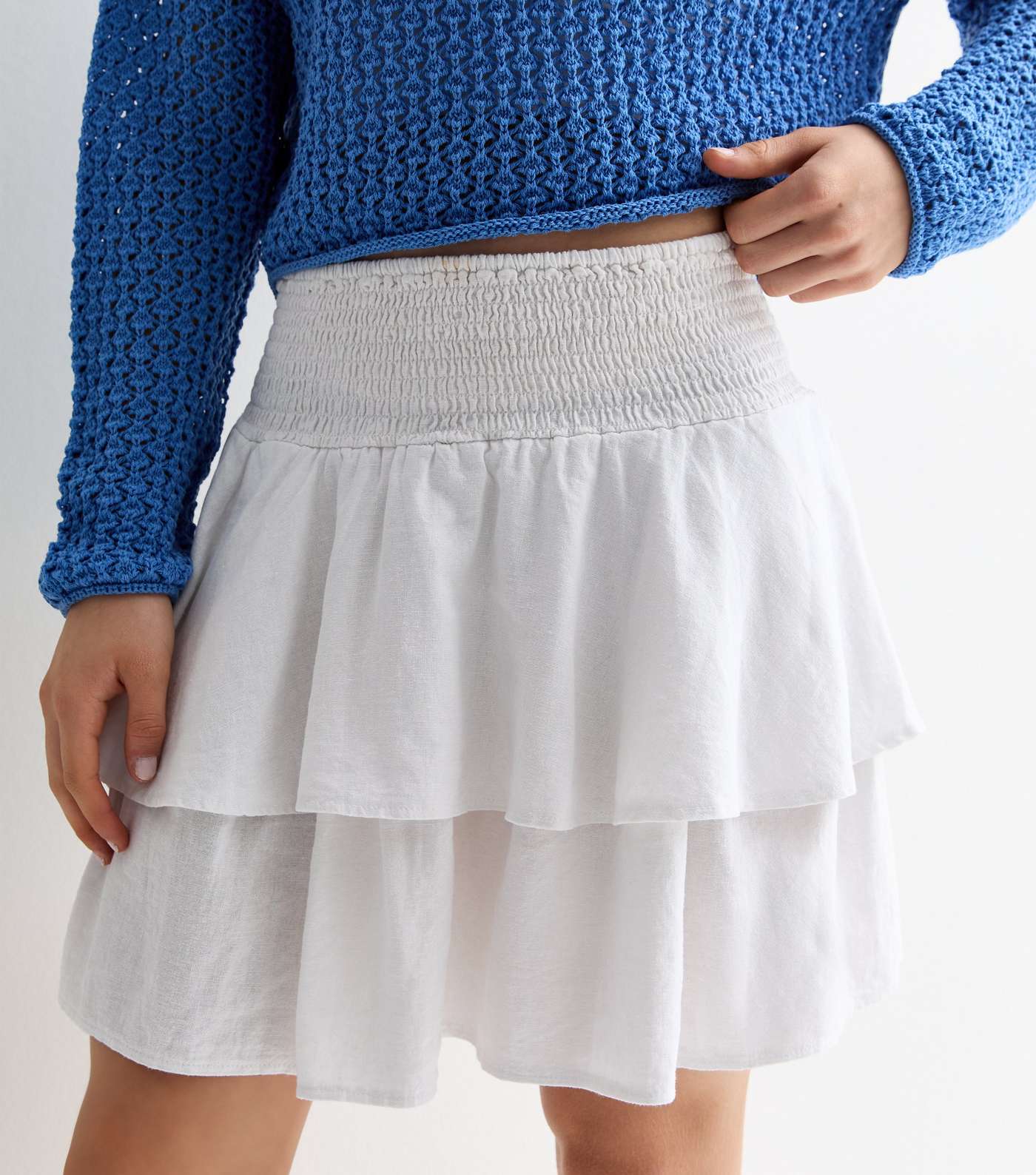 Girls White Linen Blend Tiered Mini Skirt Image 2