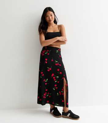 Petite Black Cherry Print Split Hem Midi Skirt
