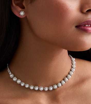 Silver Diamanté Faux Pearl Earrings and Necklace Set