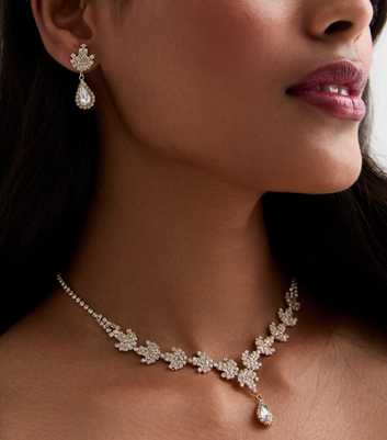Gold Diamanté Leaf Earrings and Necklace Set