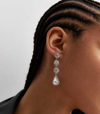 Silver Diamanté Flower Teardrop Earrings