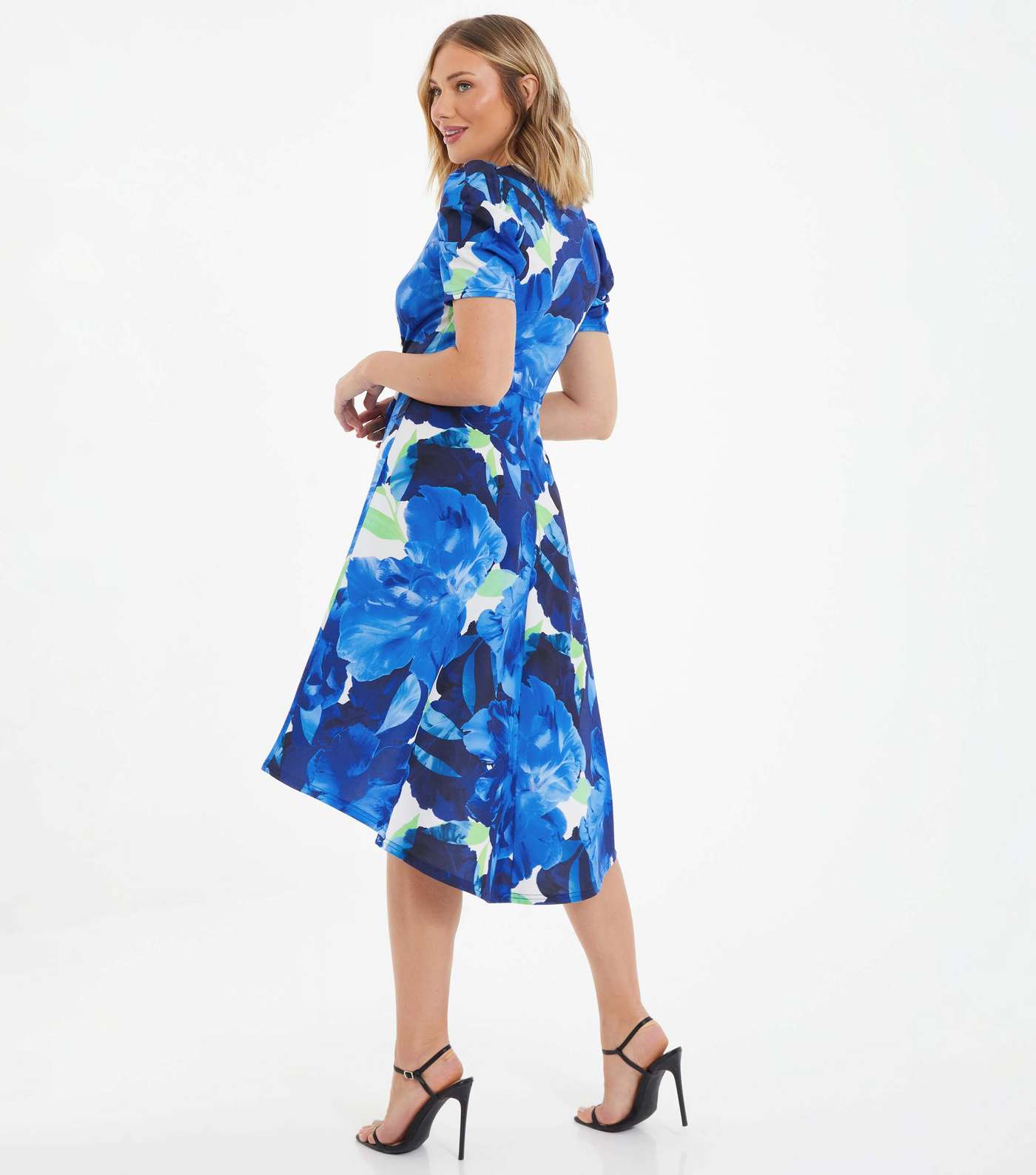 QUIZ Bright Blue Floral Dip Hem Midi Dress Image 3