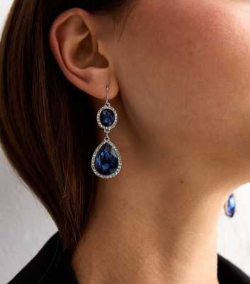 Silver Tone Blue Stone Oval Drop Earrings