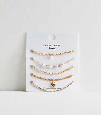 5 Pack Gold Heart and Faux Pearl Bracelets