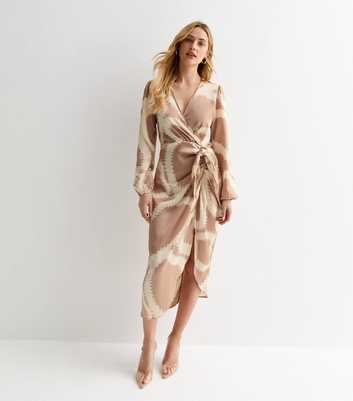 Camel Abstract Print Long Sleeve Wrap Midi Dress