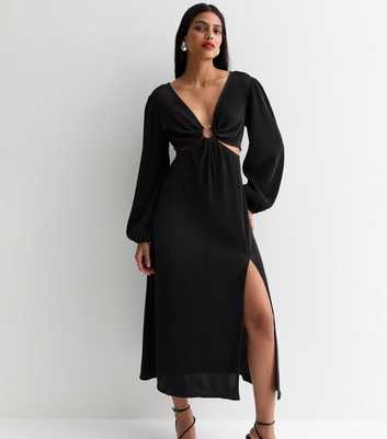Black Plisse Long Sleeve Cut Out Midi Dress