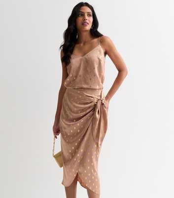 Light Brown Gold Foil Print Wrap Midi Skirt