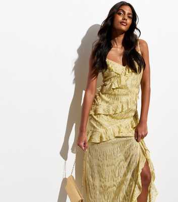 Gold Strappy Ruffle Split Hem Maxi Dress