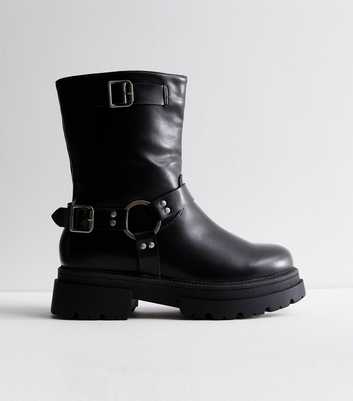 Black Leather-Look Buckle Ankle Biker Boots