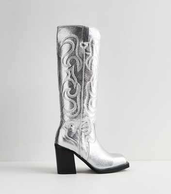 Public Desire Silver Block Heel Cowboy Boots