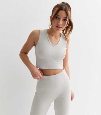 Girls Pale Grey Ribbed Sports Crop Top