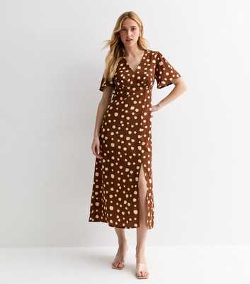 Brown Spot Flutter Sleeve Midi Dress