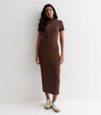 Dark Brown Slinky High Neck Midi Dress